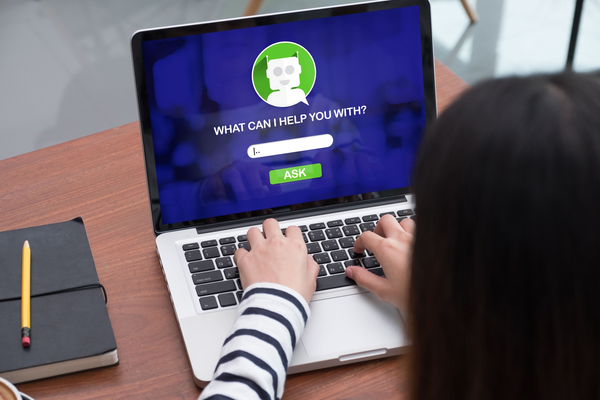 Asian woman ask chat bot function in app on laptop screen looking for customer support online shopping shop with apps,digital marketing concept,artificial intelligence (ai) system