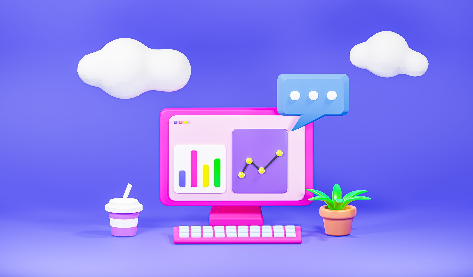 Pc concept ,data analytics, dashboard and business finance report, 3D illustration.